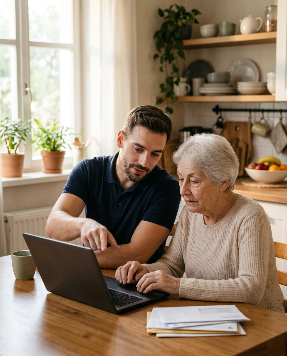 A TekHeadz tech specialist patiently helping a customer on a laptop at home